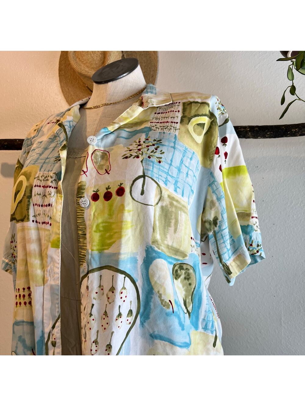 Line Two Fruit Print Green & Blue Print Short Sleeve Button Down Shirt Size XL